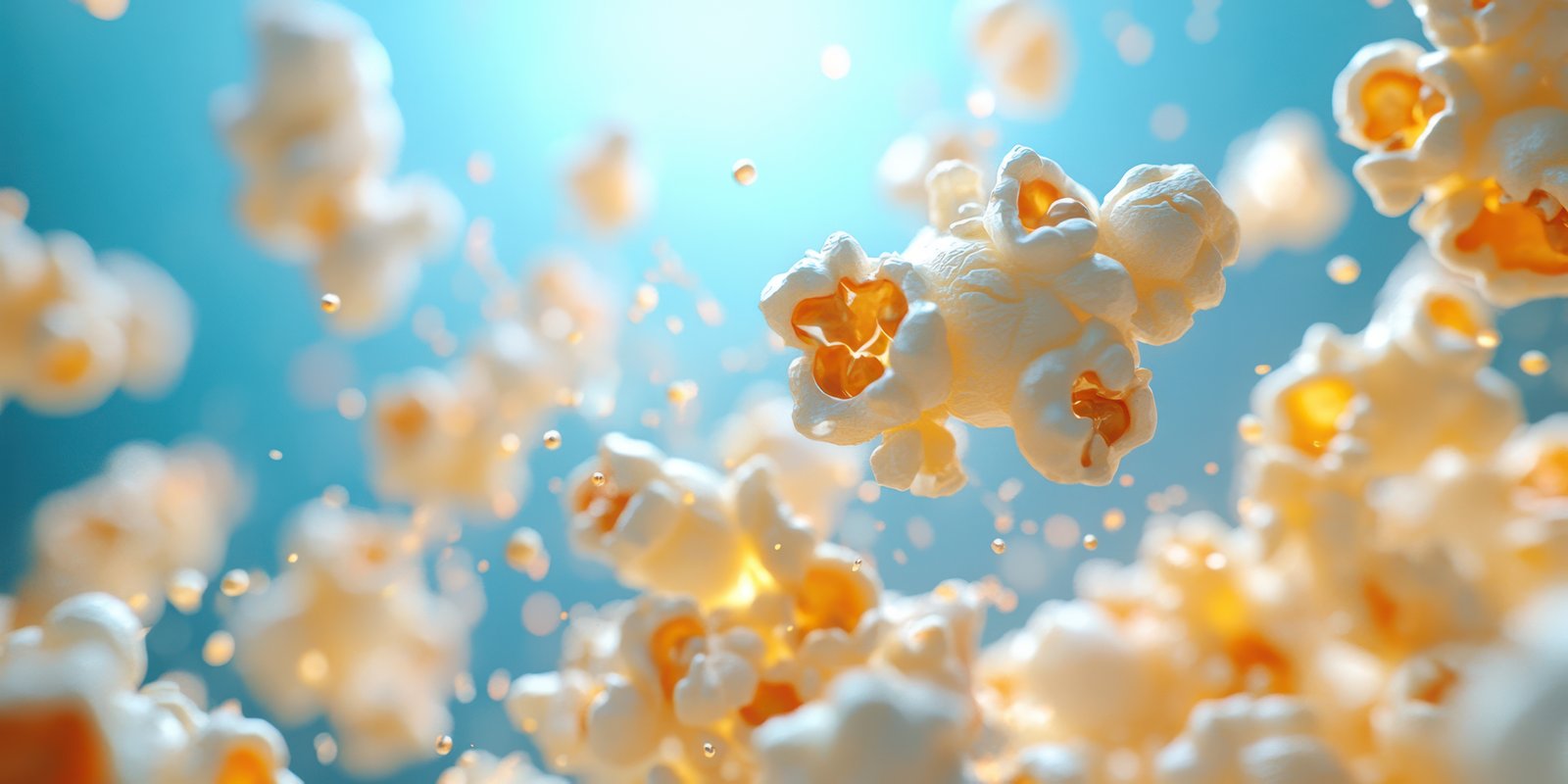 Popcorn kernels burst in mid-air creating a fun and lively display against a bright blue background